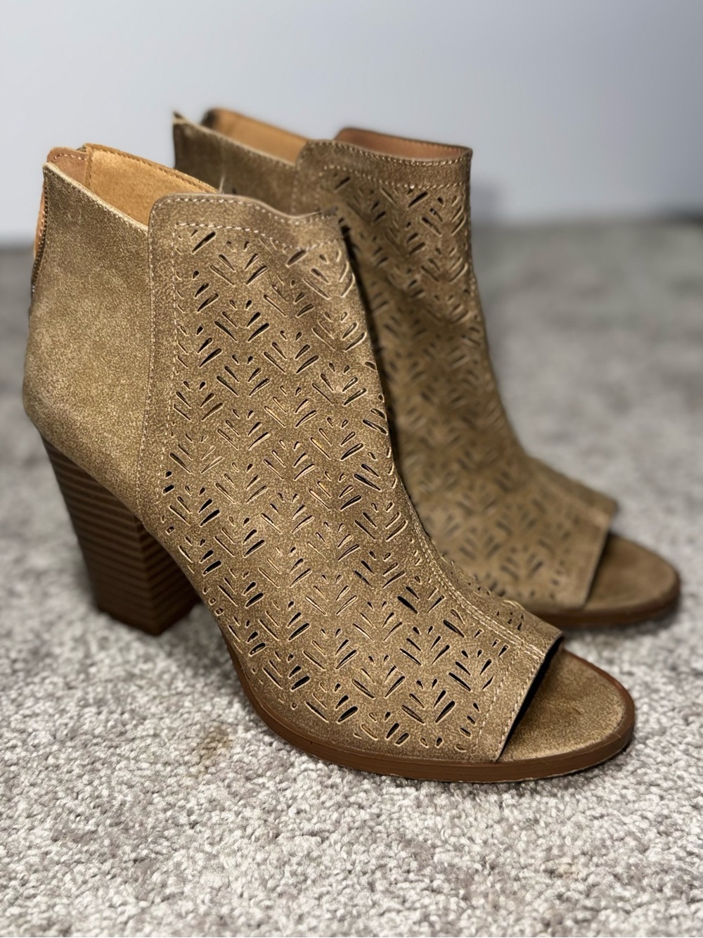 Restricted Women’s Size 7.5 Tan Laser Cut Peep Toe Ankle Booties